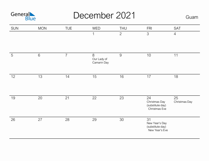Printable December 2021 Calendar for Guam