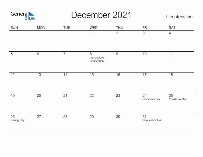 Printable December 2021 Calendar for Liechtenstein
