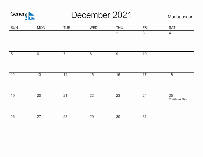 Printable December 2021 Calendar for Madagascar