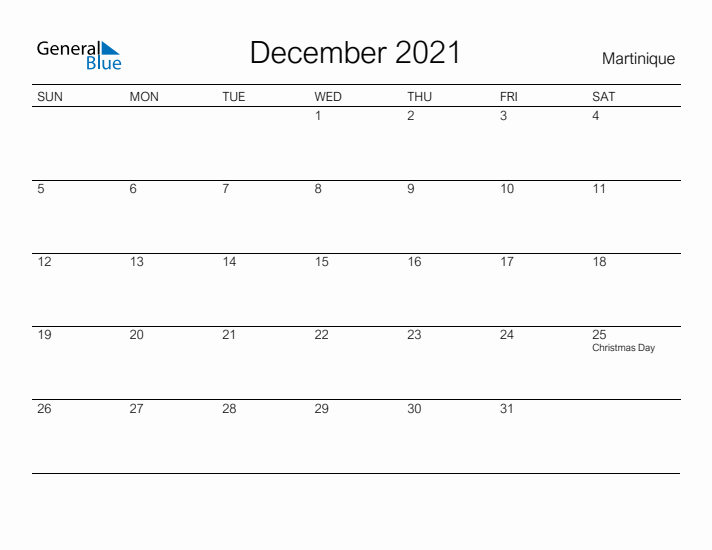 Printable December 2021 Calendar for Martinique