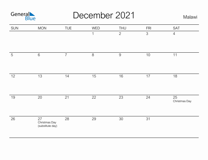 Printable December 2021 Calendar for Malawi