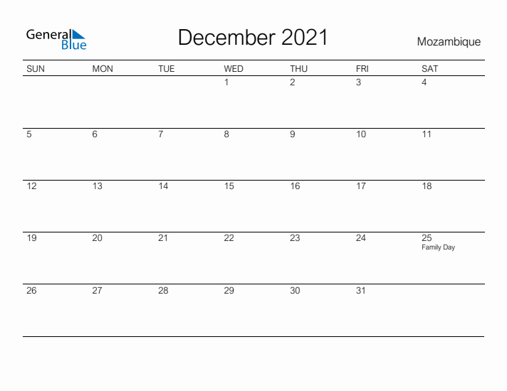 Printable December 2021 Calendar for Mozambique