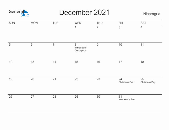 Printable December 2021 Calendar for Nicaragua