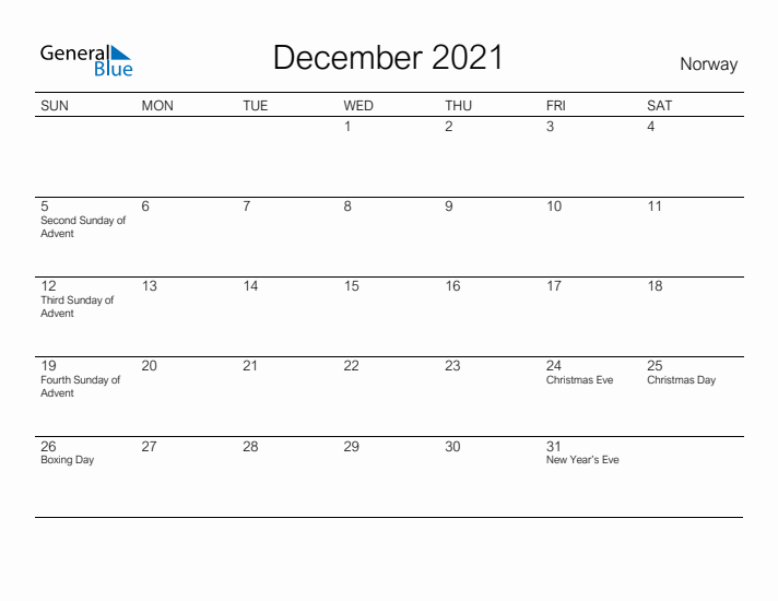 Printable December 2021 Calendar for Norway