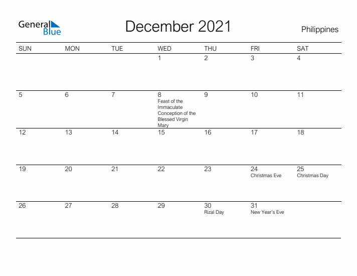 Printable December 2021 Calendar for Philippines