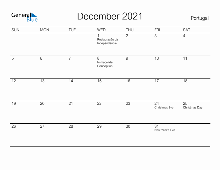 Printable December 2021 Calendar for Portugal