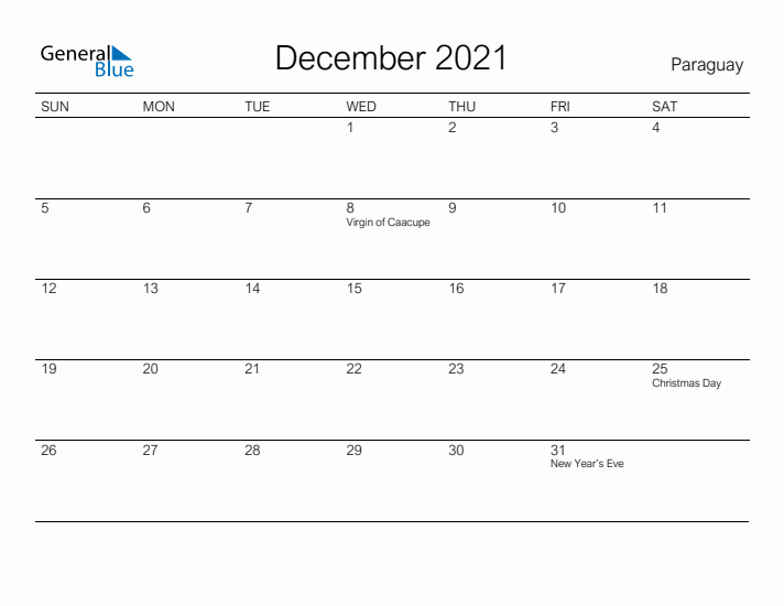 Printable December 2021 Calendar for Paraguay