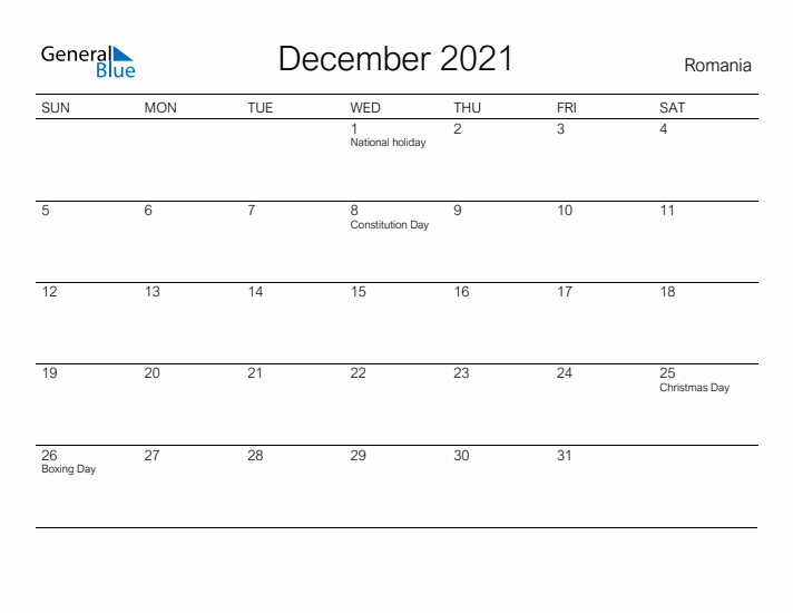 Printable December 2021 Calendar for Romania