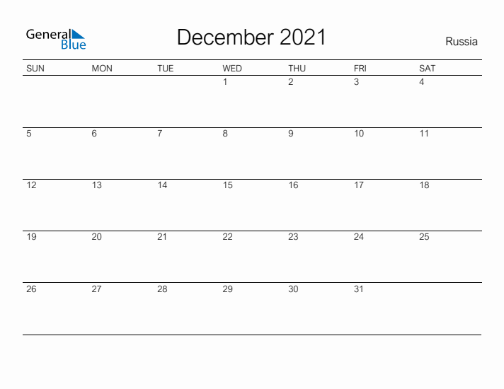 Printable December 2021 Calendar for Russia