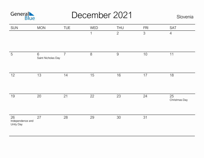 Printable December 2021 Calendar for Slovenia