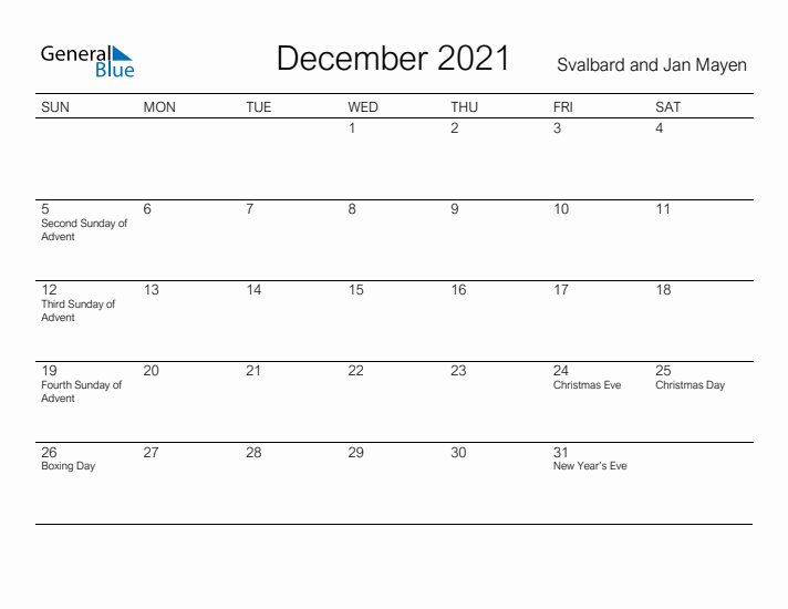 Printable December 2021 Calendar for Svalbard and Jan Mayen