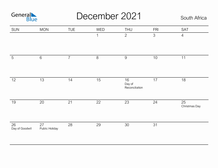 Printable December 2021 Calendar for South Africa