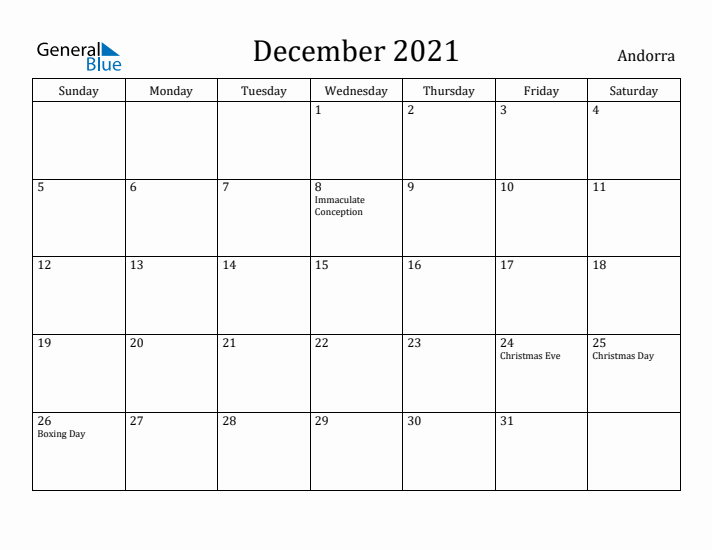 December 2021 Calendar Andorra
