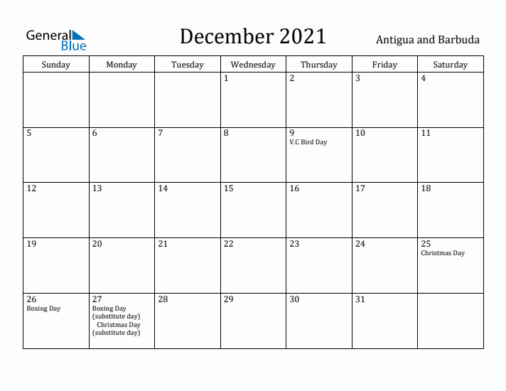 December 2021 Calendar Antigua and Barbuda