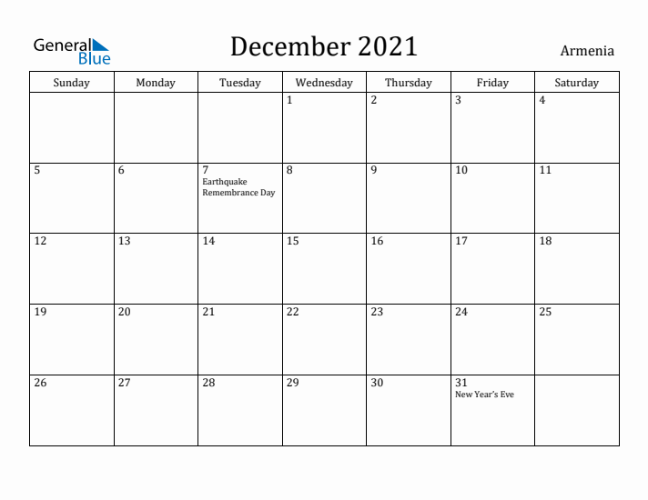 December 2021 Calendar Armenia