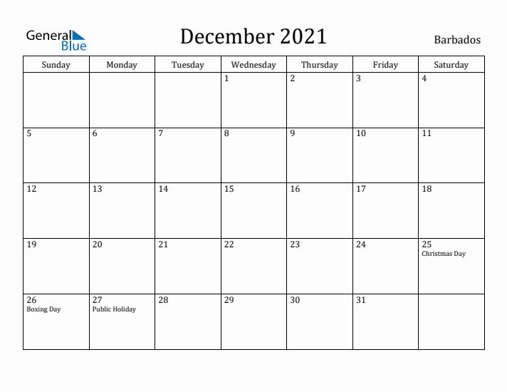 December 2021 Calendar Barbados