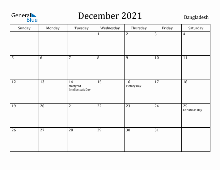 December 2021 Calendar Bangladesh