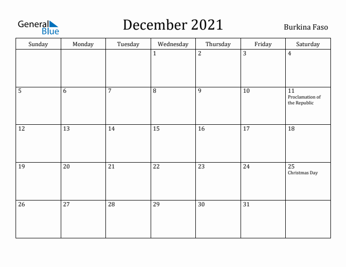 December 2021 Calendar Burkina Faso
