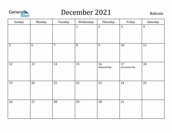 December 2021 Calendar Bahrain