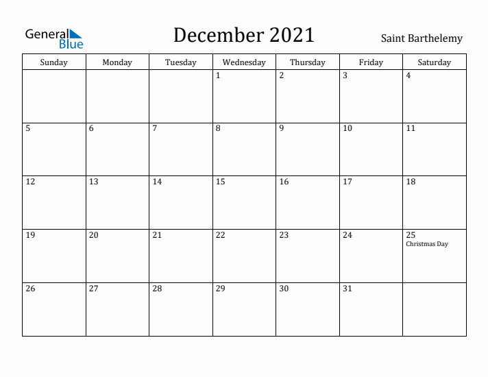 December 2021 Calendar Saint Barthelemy