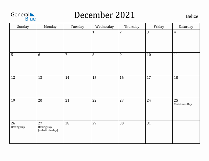 December 2021 Calendar Belize