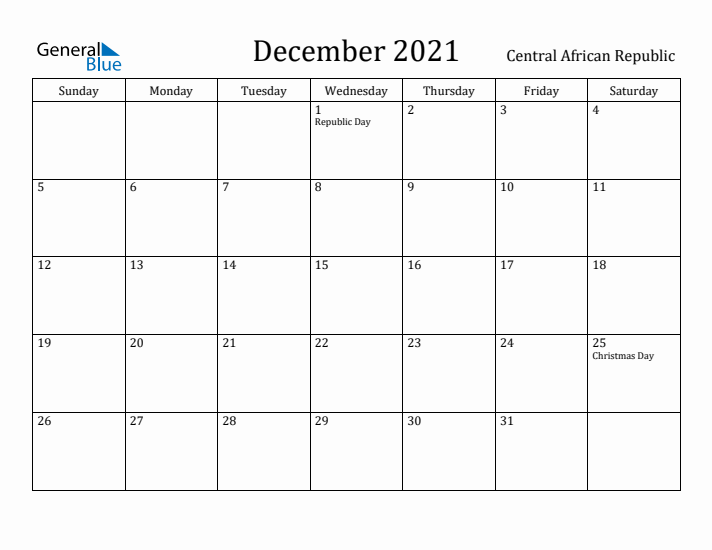 December 2021 Calendar Central African Republic