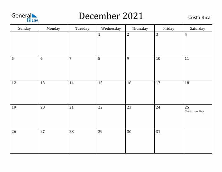 December 2021 Calendar Costa Rica