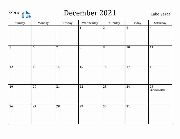 December 2021 Calendar Cabo Verde