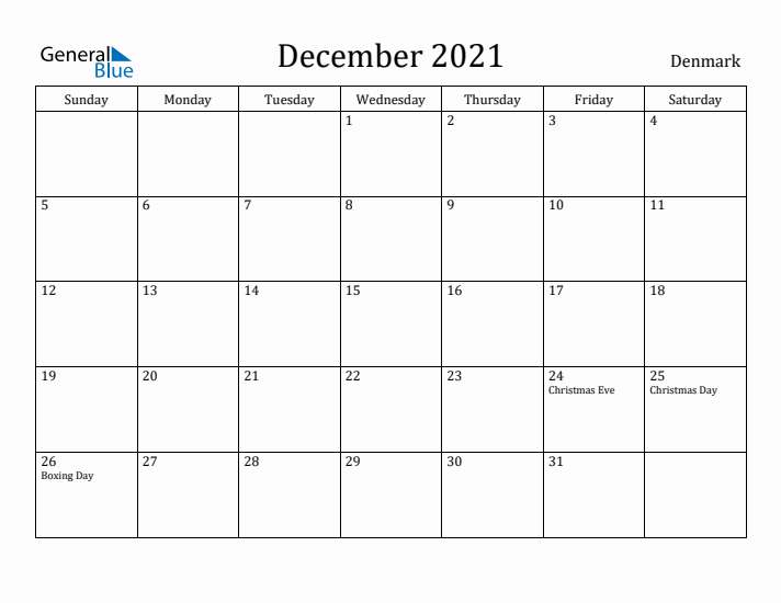 December 2021 Calendar Denmark