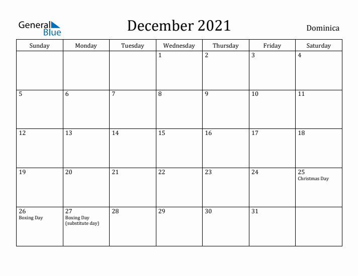 December 2021 Calendar Dominica