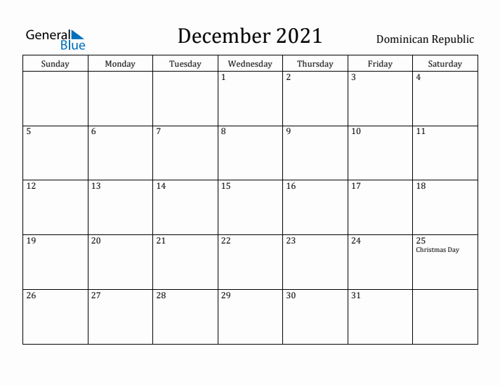 December 2021 Calendar Dominican Republic