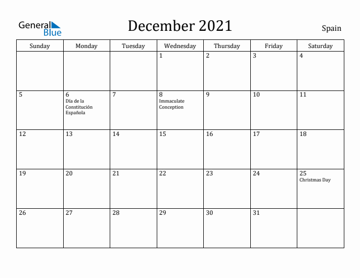 December 2021 Calendar Spain