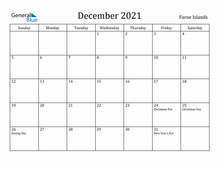 December 2021 Calendar Faroe Islands