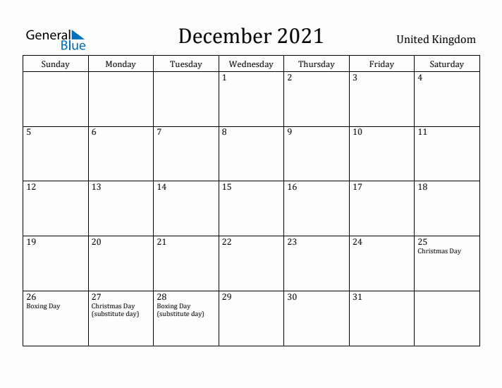 December 2021 Calendar United Kingdom