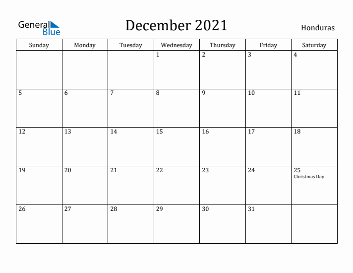 December 2021 Calendar Honduras