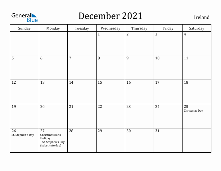 December 2021 Calendar Ireland