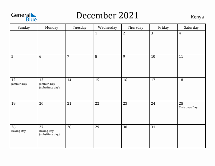 December 2021 Calendar Kenya