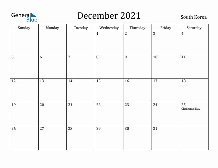 December 2021 Calendar South Korea