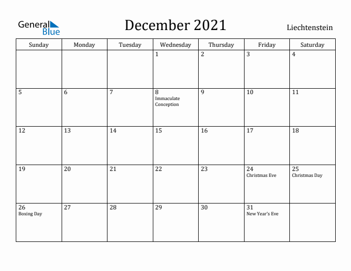 December 2021 Calendar Liechtenstein
