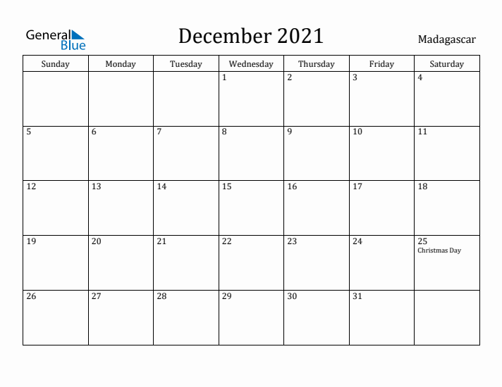 December 2021 Calendar Madagascar