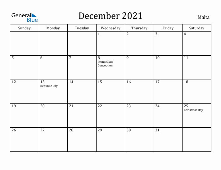 December 2021 Calendar Malta