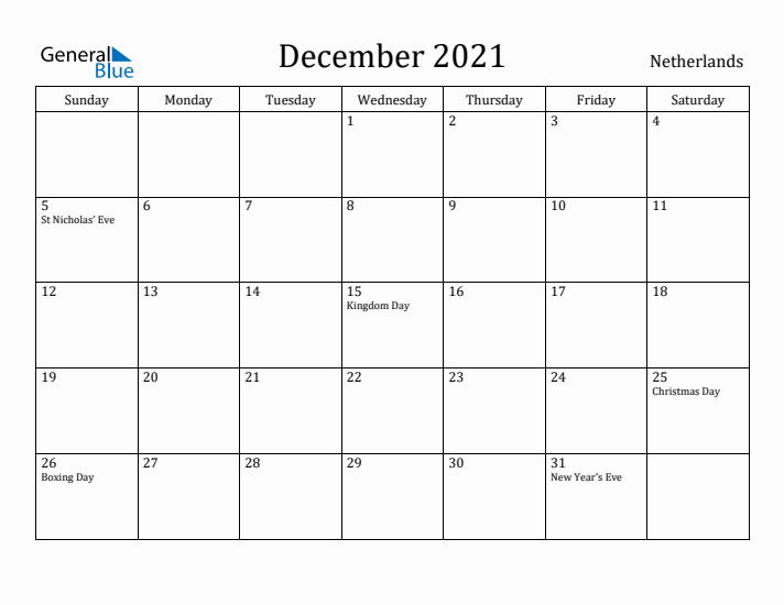 December 2021 Calendar The Netherlands