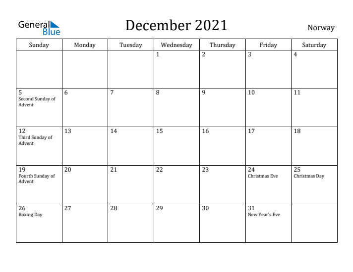 December 2021 Calendar Norway