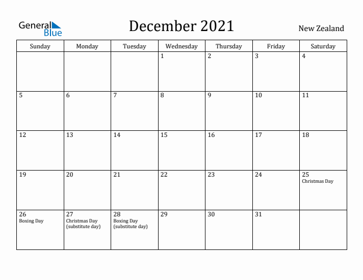 December 2021 Calendar New Zealand
