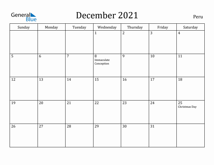 December 2021 Calendar Peru