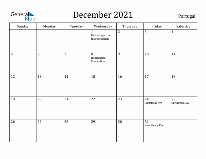 December 2021 Calendar Portugal