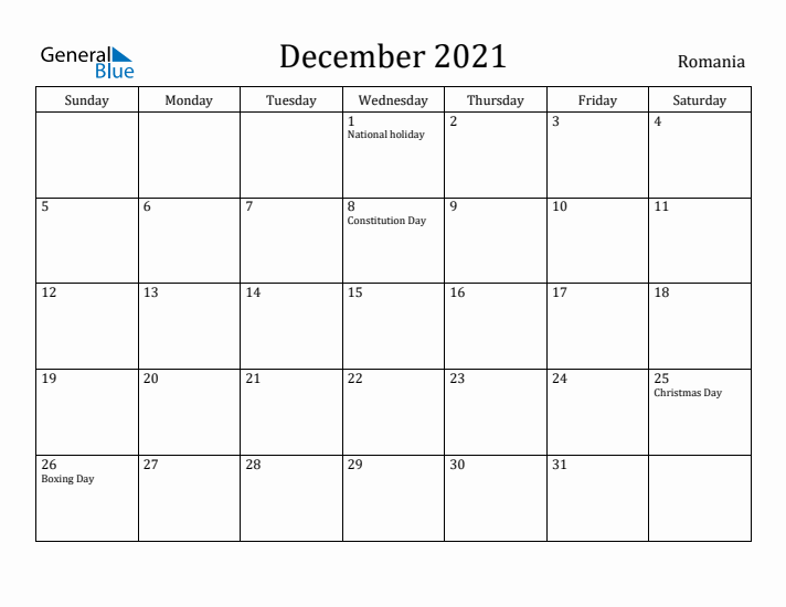 December 2021 Calendar Romania