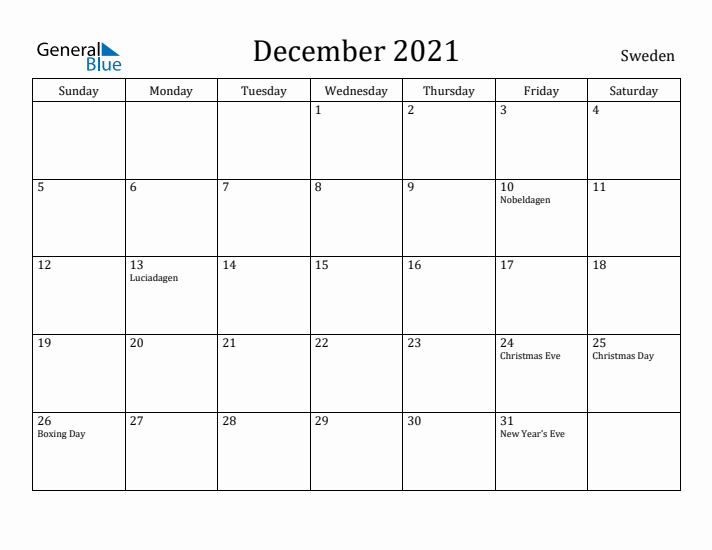 December 2021 Calendar Sweden