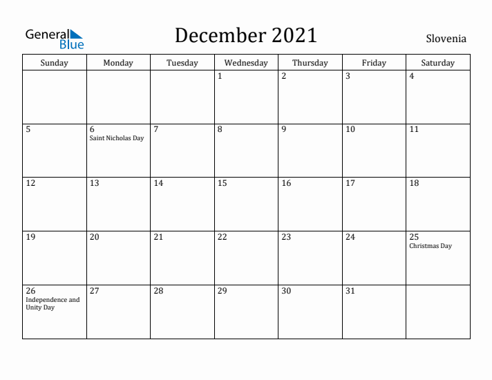 December 2021 Calendar Slovenia