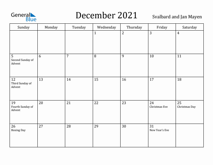 December 2021 Calendar Svalbard and Jan Mayen